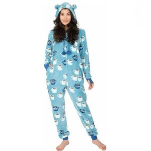 Munki Munki Womens Fleece One Piece Pajamas Hooded Cocoa Cup Print Cozy Lounge